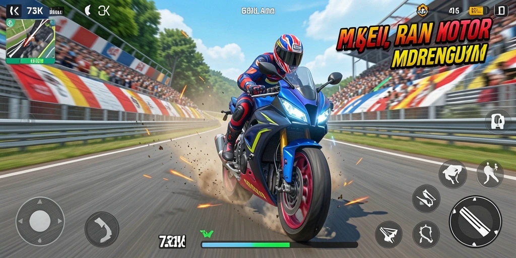 Screenshot 73K yang menampilkan balapan motor yang mendebarkan.