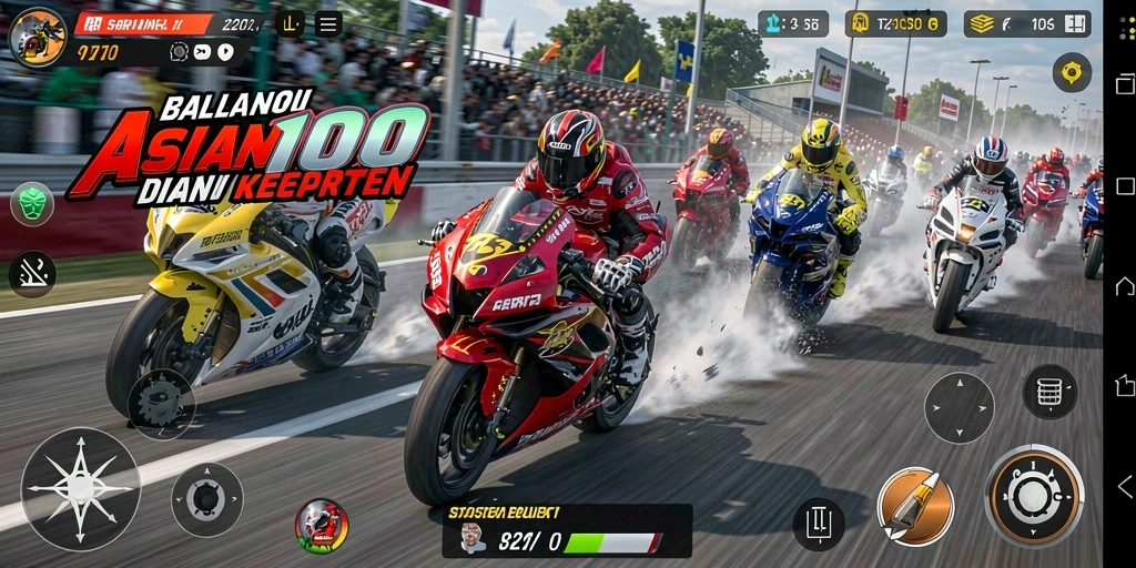 Tampilan gameplay ASIA100 yang menegangkan saat balapan motor.