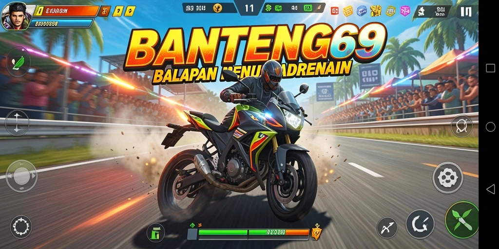 Tampilan gameplay mendebarkan di BANTENG69 dengan berbagai motor balap.
