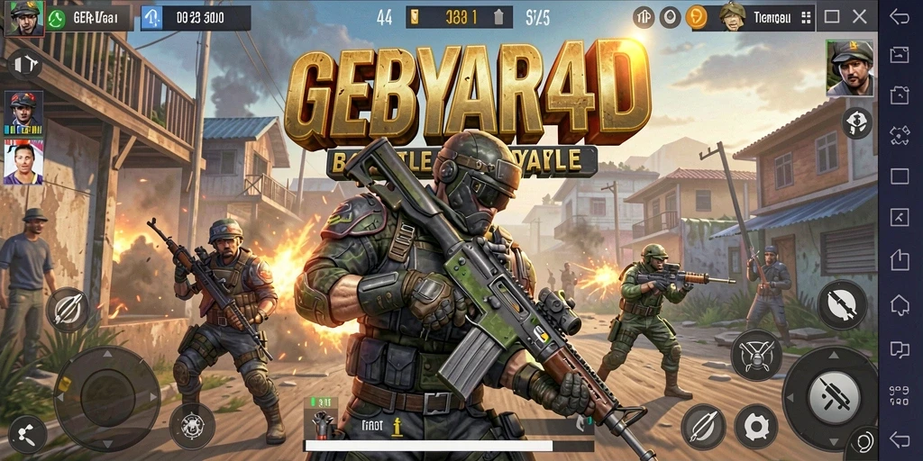 Gameplay GEBYAR4D menampilkan aksi seru di arena Battle Royale.