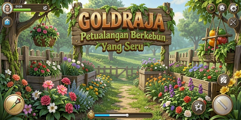 Screenshot utama GOLDRAJA menampilkan kebun yang subur dan penuh warna.