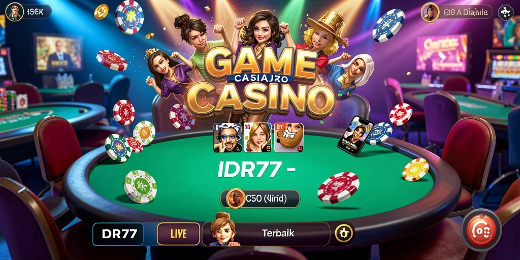 Screenshot gameplay IDR77 menampilkan dealer dan suasana kasino yang mengesankan.