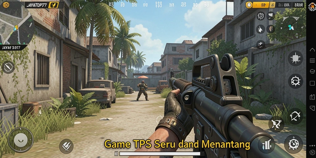 Screenshot gameplay JAYATOP77 dengan pertarungan TPS yang intens.