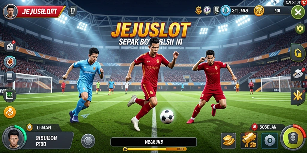 Screenshot dari gameplay seru JEJUSLOT menampilkan aksi sepak bola yang mendebarkan.