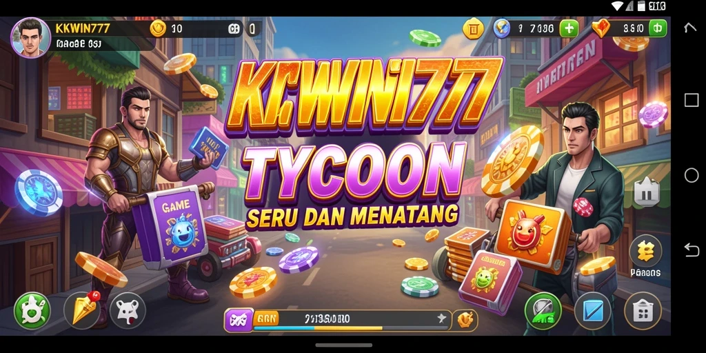 Screenshot gameplay Tycoon KKWIN777 dengan elemen manajemen bisnis.