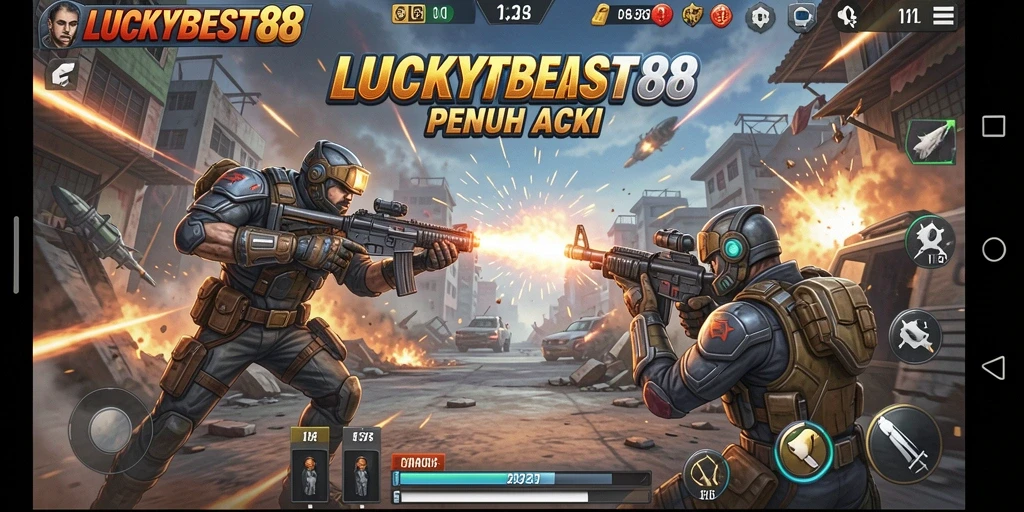 Tampilan gameplay menegangkan di LUCKYBEST88 dengan aksi tembak-menembak seru.