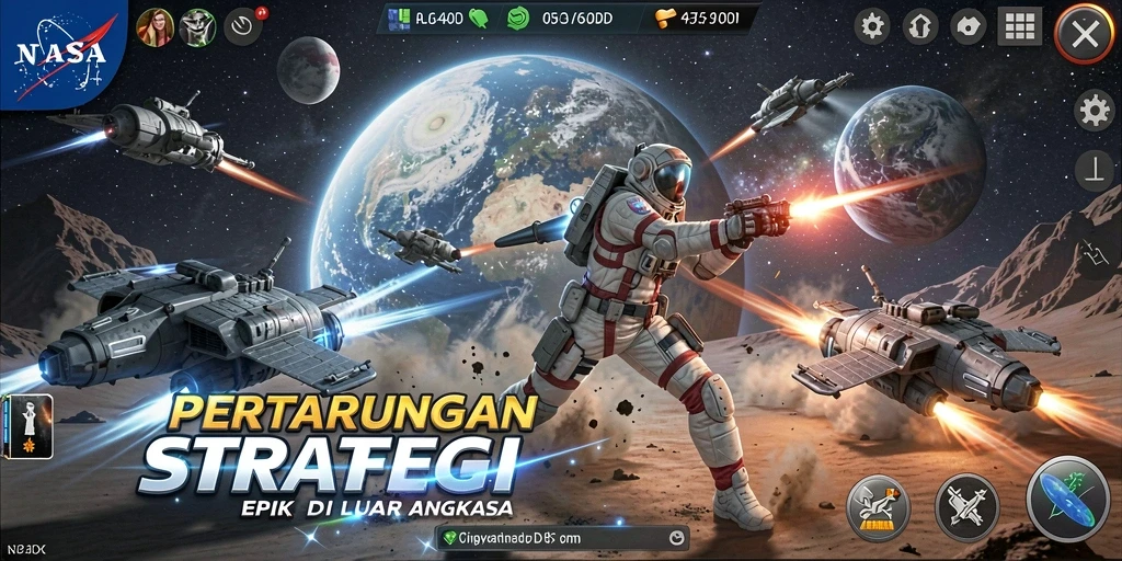 Gameplay menegangkan dengan strategi luar angkasa yang mendebarkan.