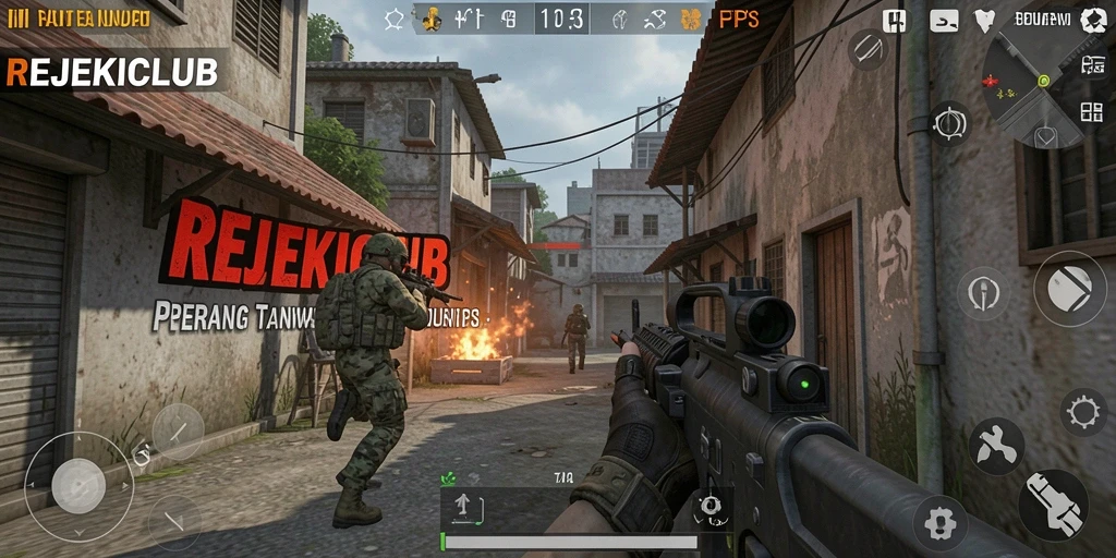 Screenshot gameplay REJEKICLUB menampilkan aksi intens di medan perang.