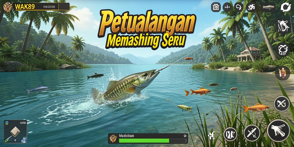 Screenshot gameplay WAK89 menampilkan aksi memancing yang seru dan interaksi pemain.